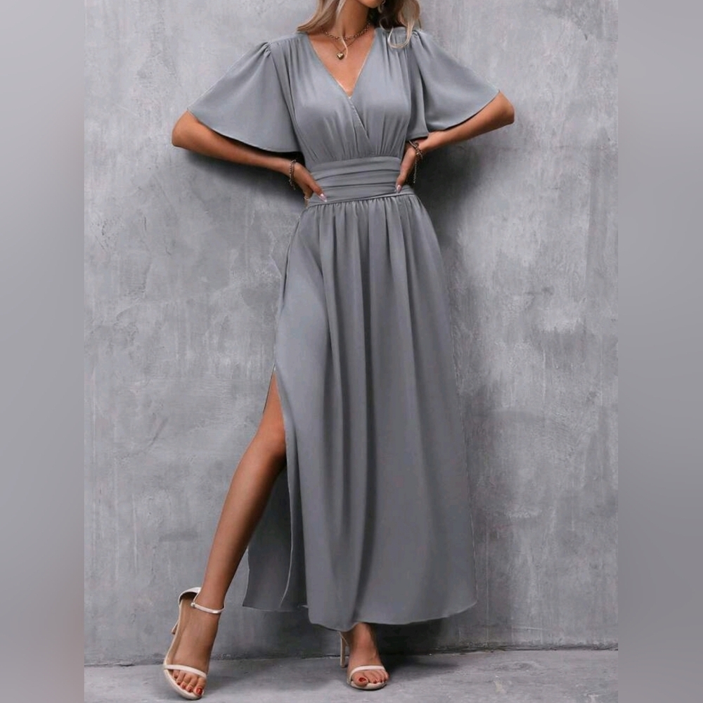NEW Chic Ruched Waist Maxi Dress Flutter Short Sleeve Gray